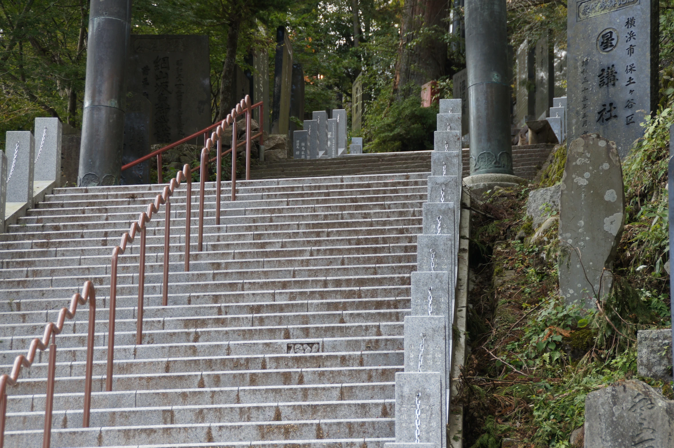 a stairway with steps leading to various rocks and trees