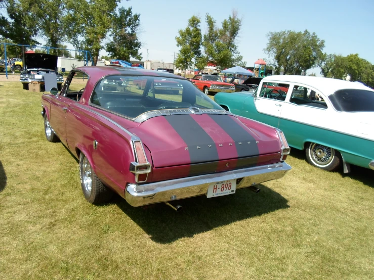 two classic cars parked in the grass on a sunny day