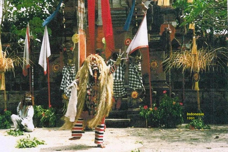 a woman dressed in a wig and garb standing in front of flags