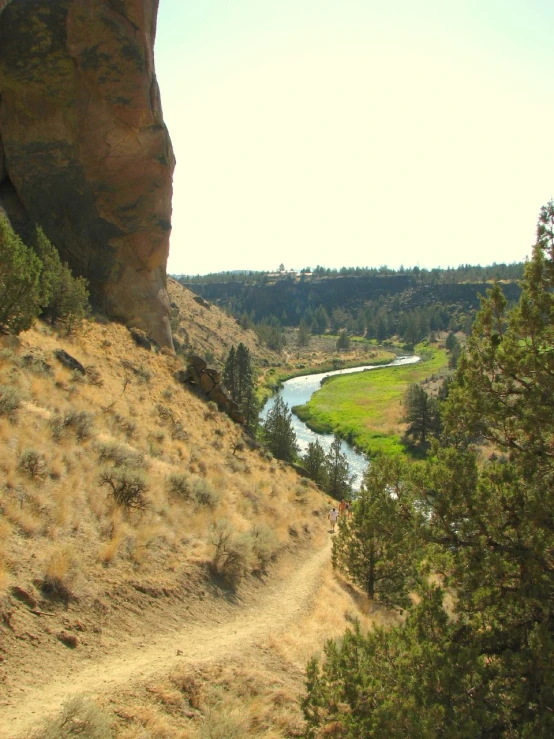 a green valley with rocks and a river