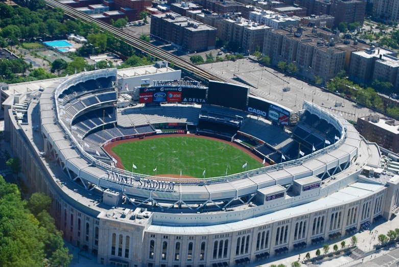 the view from a helicopter shows an empty baseball stadium