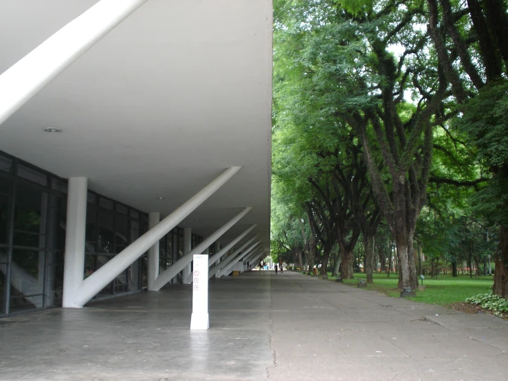 a walkway with trees around it and a wall of windows