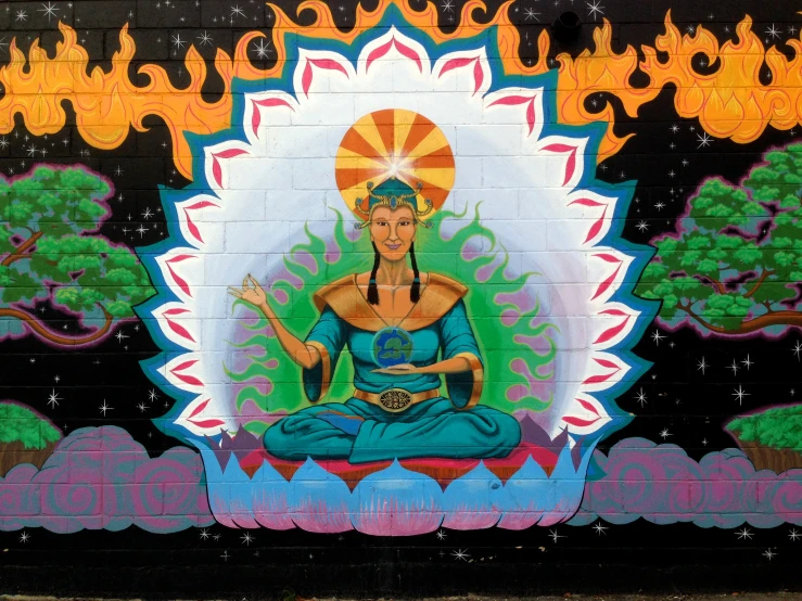 painted mural of a woman sitting in a lotus position on a wall