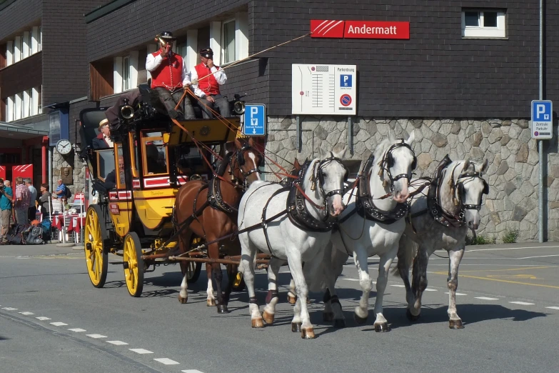 two white horses pulling a carriage in the middle of a street