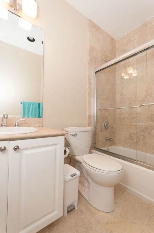 a white toilet sitting next to a walk in shower