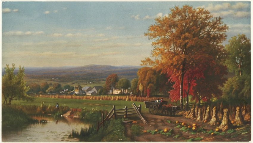 a painting depicting a landscape in fall