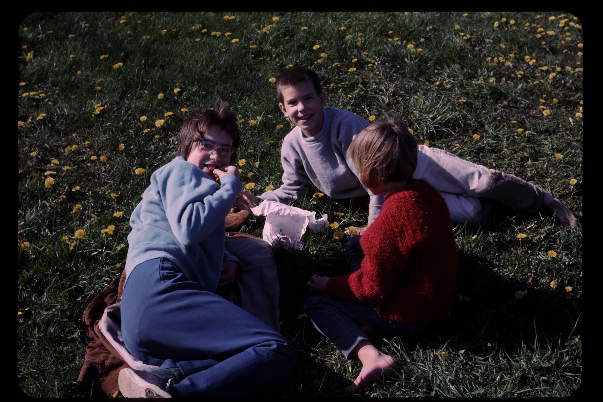 three people are sitting on the ground in the grass