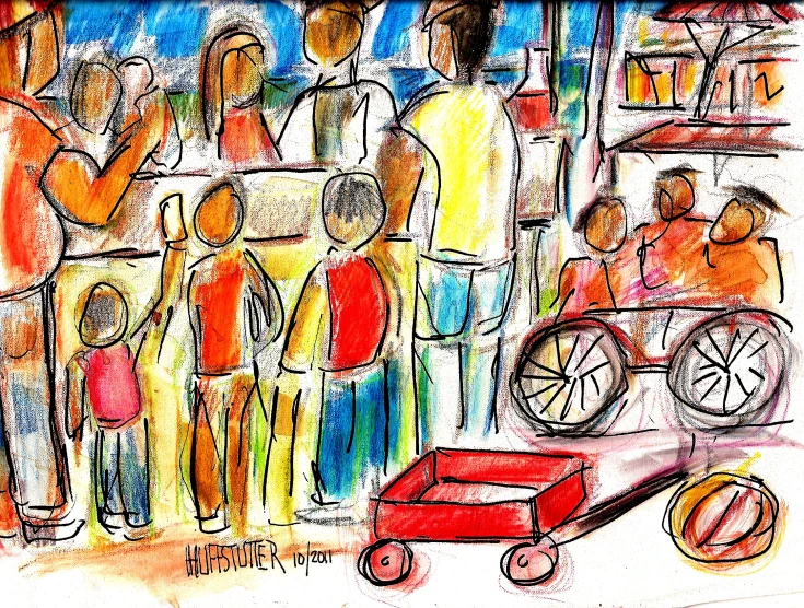 a drawing of people are gathered in the shop