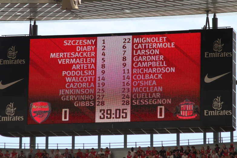 a large screen displaying the date and teams at a soccer game