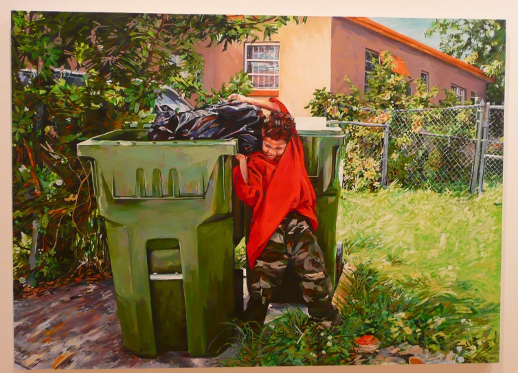 the painting depicts a lady at her garbagecan