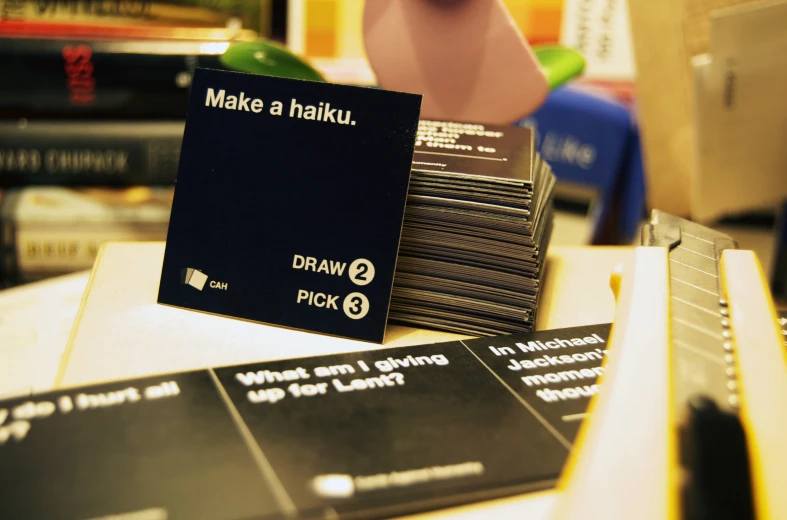 stack of cards reading make a talku with writing on the front