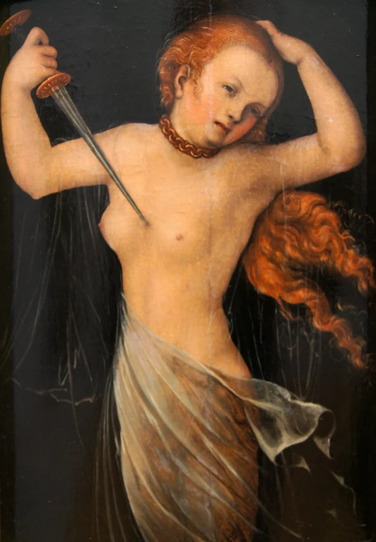 a painting with a  girl holding a sword