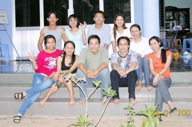 a group of people standing and sitting on some steps