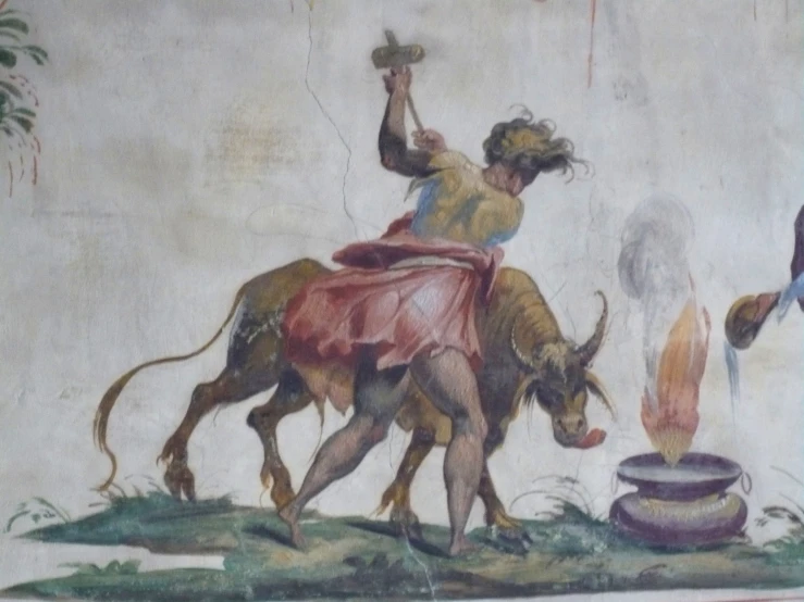 this painting shows the ancient style woman riding a bull