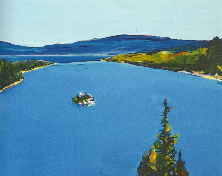 a painting of a blue lake with some boats in it