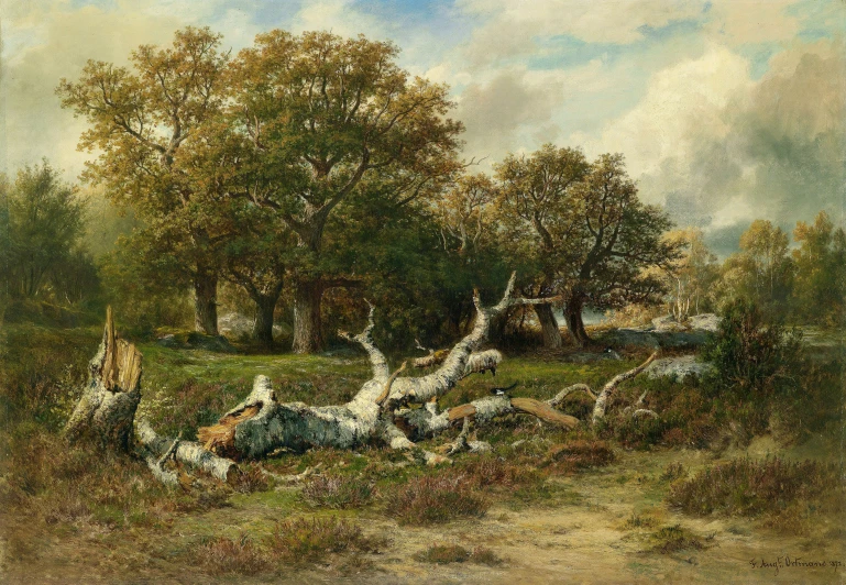 a painting that has fallen down with trees in the background