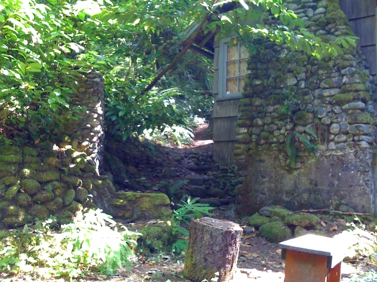 an old, crumbling building that is in a forested area