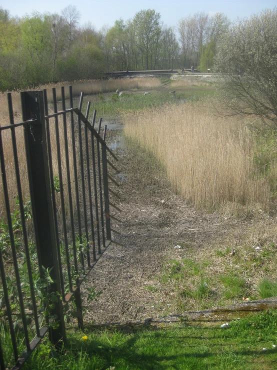 a small fence stands in front of a dry grass area