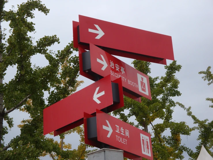 four directional signs hang from a metal post