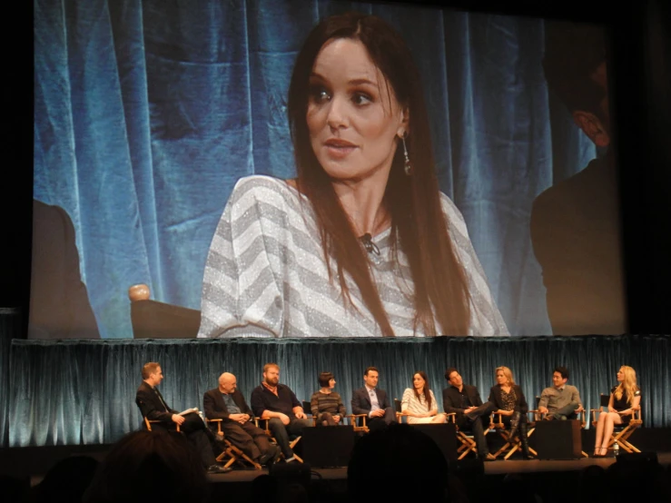 a panel of people sitting on stage with a television