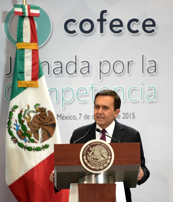a man speaking into a microphone with an mexican flag