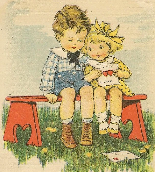 a boy and girl sitting on top of a red bench