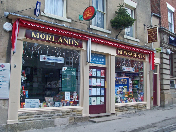 a store front with a sign hanging above it