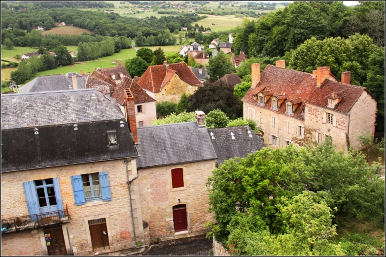 a bird's eye view of a village near a river