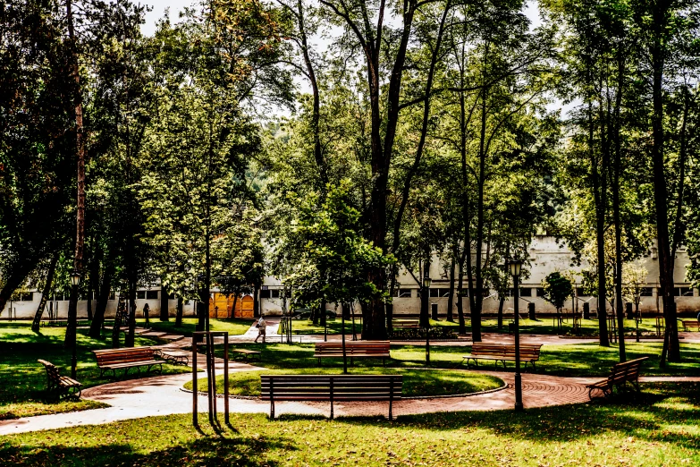 a park area with trees and benches is pictured
