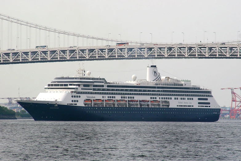 the large cruise ship is sailing under the bridge