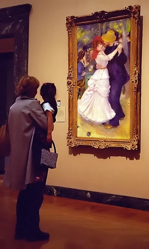 people standing in front of an oil painting in a museum