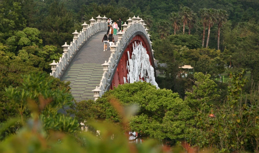 people walking over a bridge over some trees