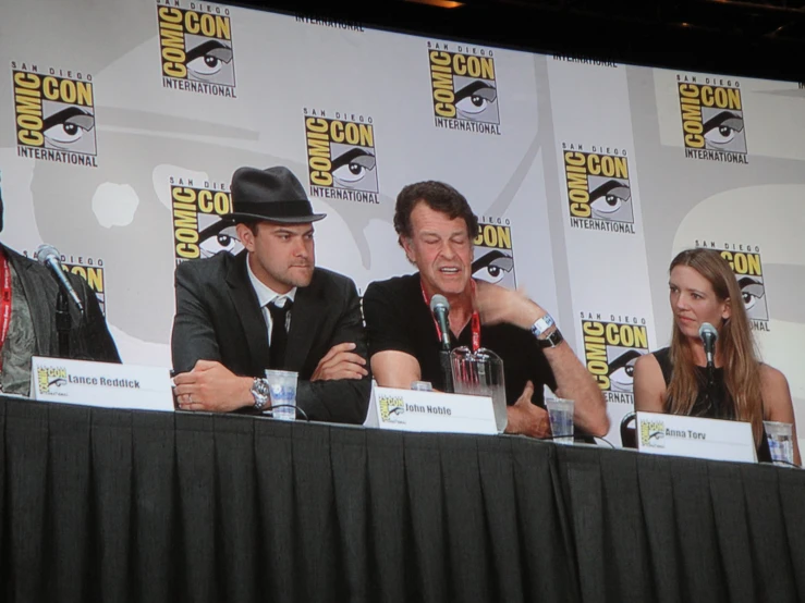 actors talking in front of a panel at a convention