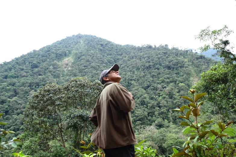 the man is standing in the grass watching a mountain