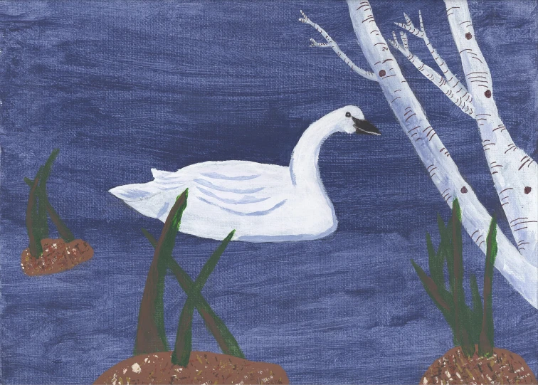 an art project showing white swans in front of birch trees and water