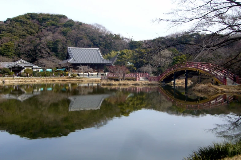 a big pond and a small wooden bridge