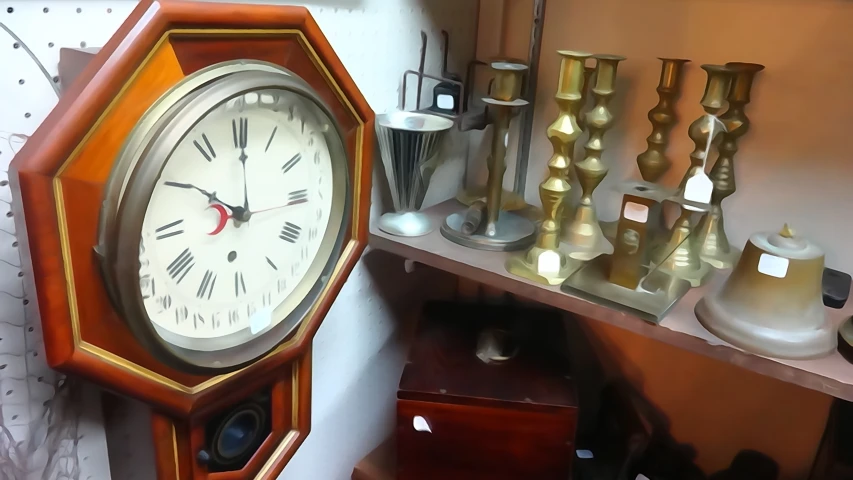 an antique clock sitting on top of a shelf near other pieces of old furniture