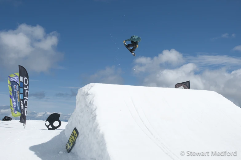 two people are on snow boards in the air