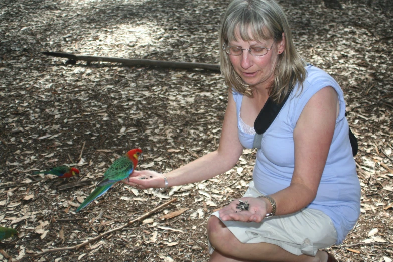 a woman petting birds outside in the woods