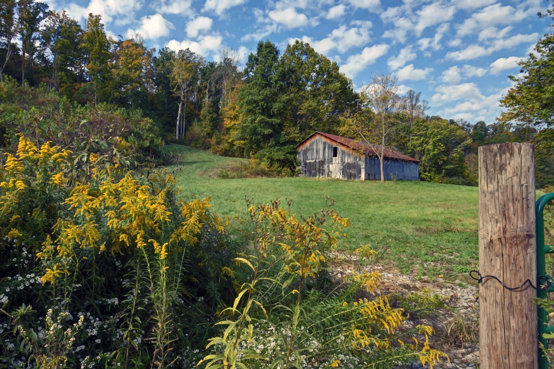 an old shed sitting on top of a green hillside