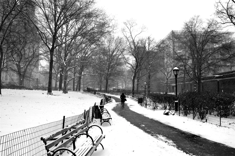 two people walk down a path as it snows in the distance