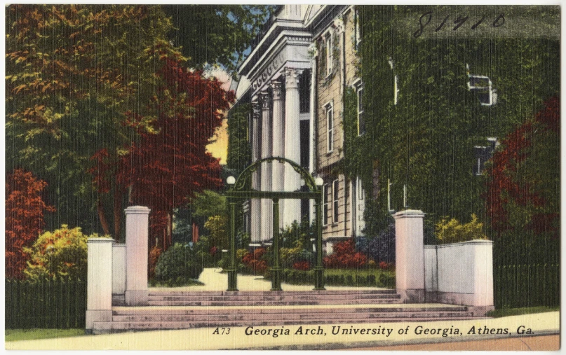 an old pograph of a building in the middle of a park