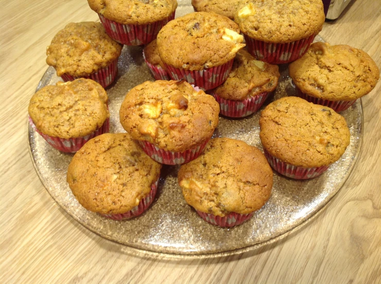 a group of muffins that are on top of a metal plate