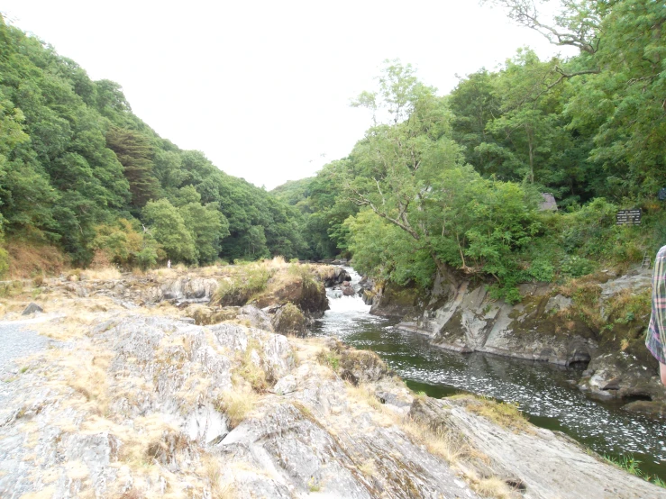 a man on a phone standing near a river