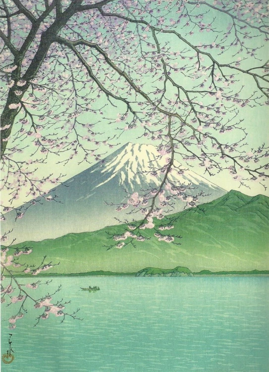 a painting of flowers and a mountain in the background