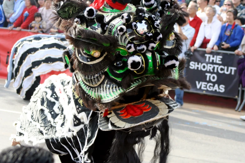 an animal wearing a costume while on a city street