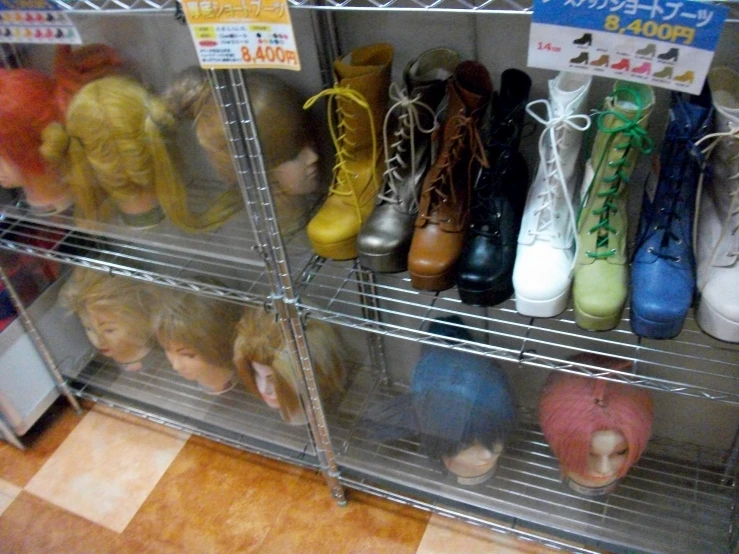 a rack holding various types of shoes for children