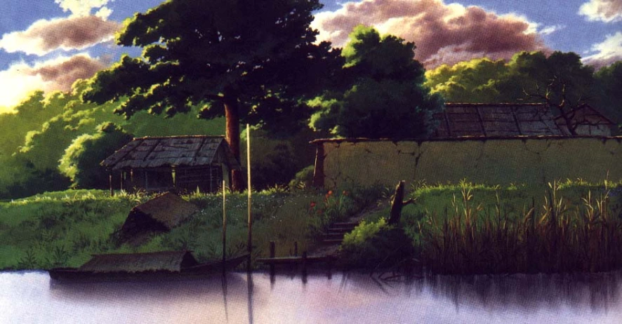 a painting of a river and cottage with clouds in the sky