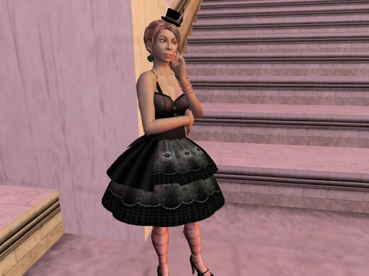 a person wearing a dress and heels standing on some stairs