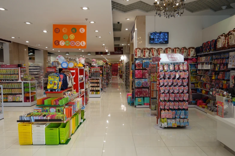 the view down the aisle of a store in a building